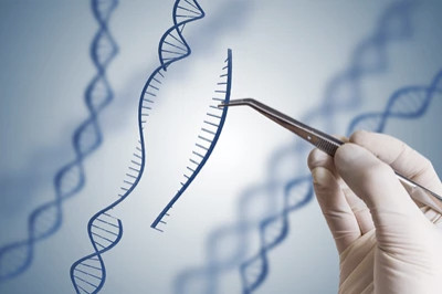 An image of a gloved hand holding a section of genetic code with tweezers over a background of other genetic strands.