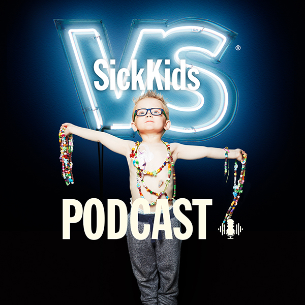 The official logo of the SickKids VS Podcast for season three features a young boy, Owen, with his shirt off, bravery beads on and arms bravely outstretched.