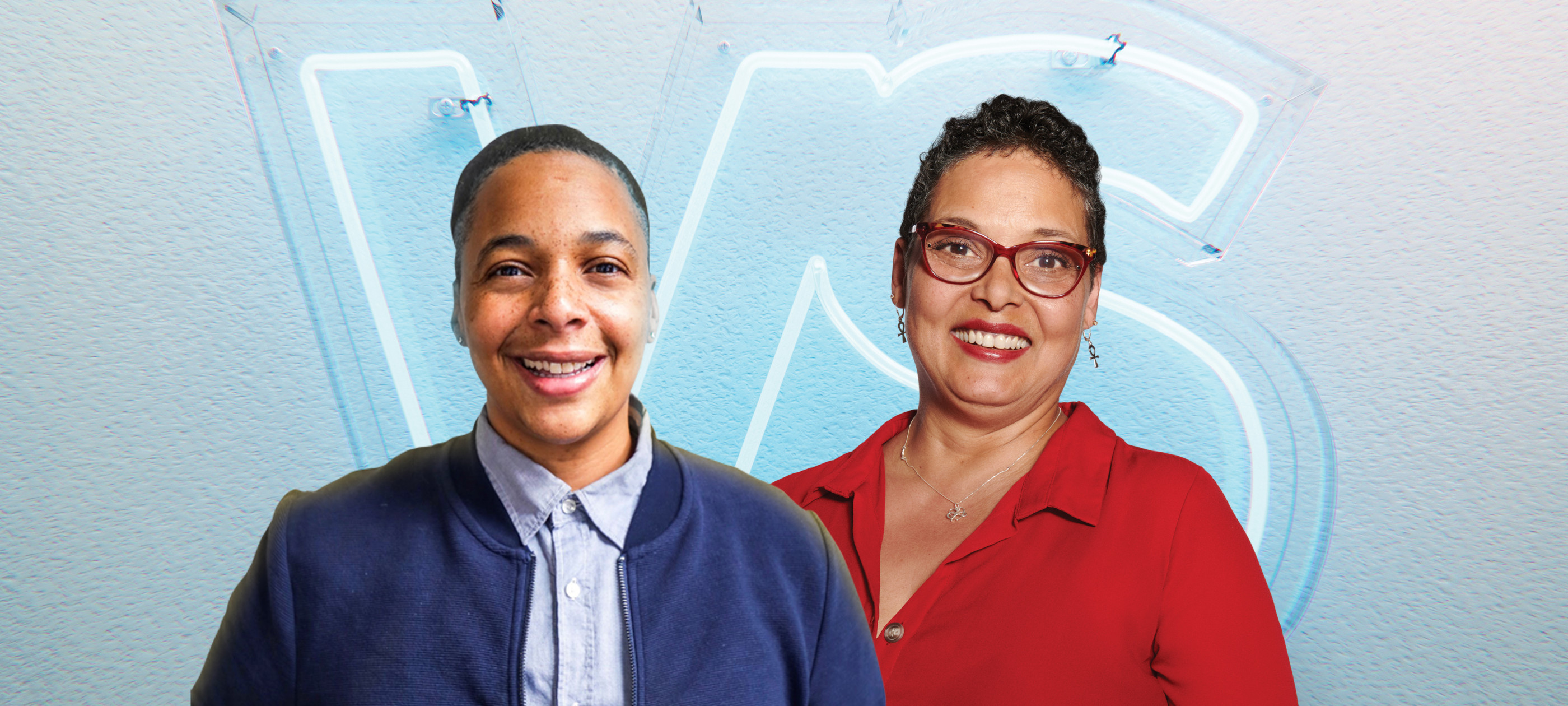 Raia Carey from SickKids Foundation is shown wearing a blue shirt and jacket. She is standing to the left of Tee Garnett from SickKids, the hospital, who is wearing a red shirt and glasses.