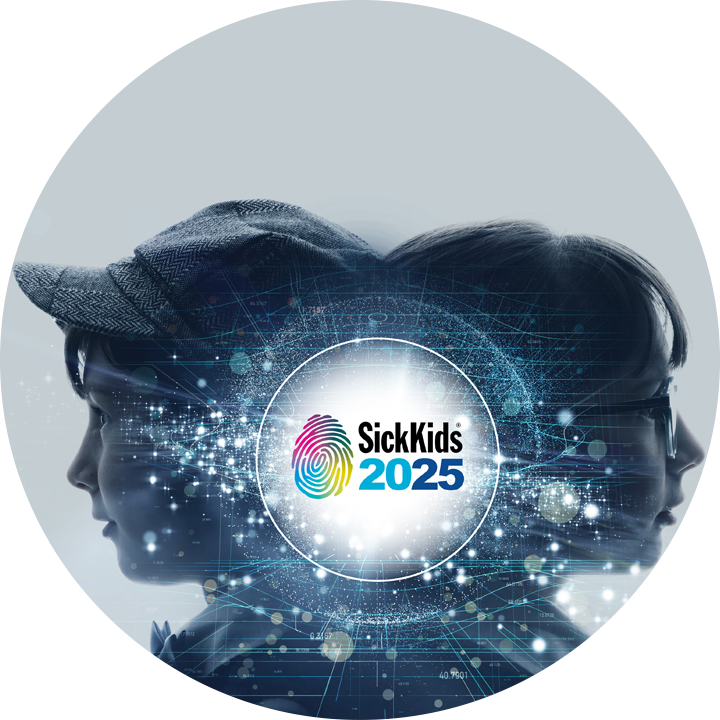 Background of boy with hat and girl with glasses standing back to back in profile with the SickKids 2025 logo in the foreground.