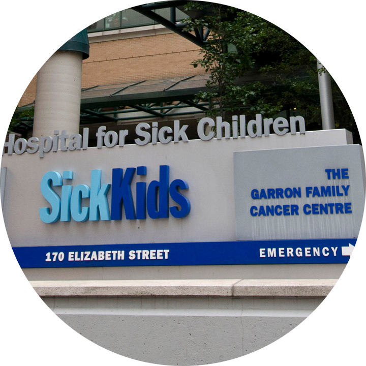 An image of the outdoor SickKids signage for The Garron Family Cancer Centre.