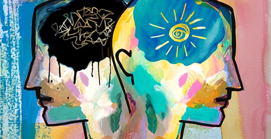 Abstract illustration of two back to back heads, one brain filled with a tangle, the other with a sunshine.