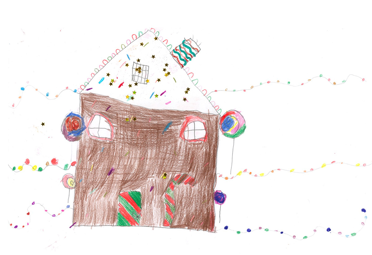 A hand drawn gingerbread house with a white roof covered in candy.