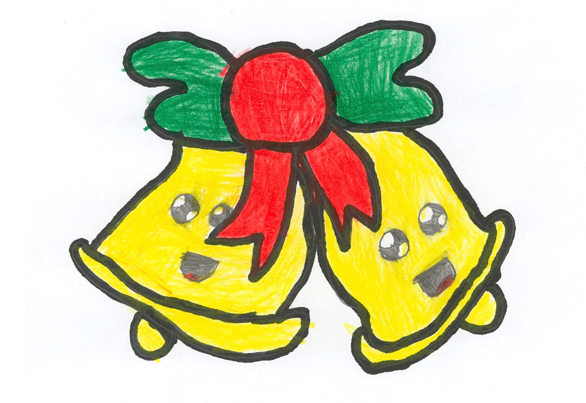 A hand drawn image of two yellow/gold bells. Each bell has a smiling face and they are joined at the top by a red and green ribbon.