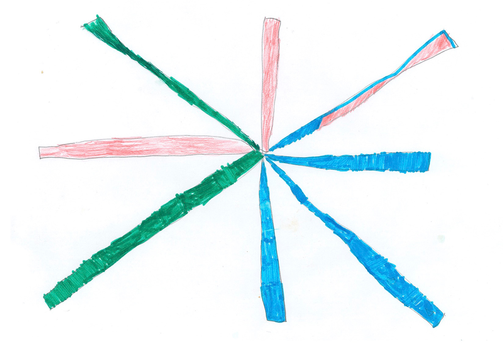 A hand drawn image of of a six pointed star. The star has red, green and blue points.