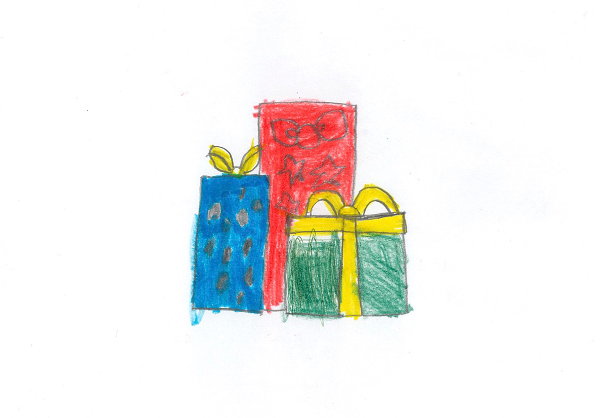 A hand drawn image of three gift wrapped boxes. There is a blue box with black spots and a yellow ribbon, a red box with a red ribbon and red stars and a box wrapped with solid green paper and a yellow ribbon.