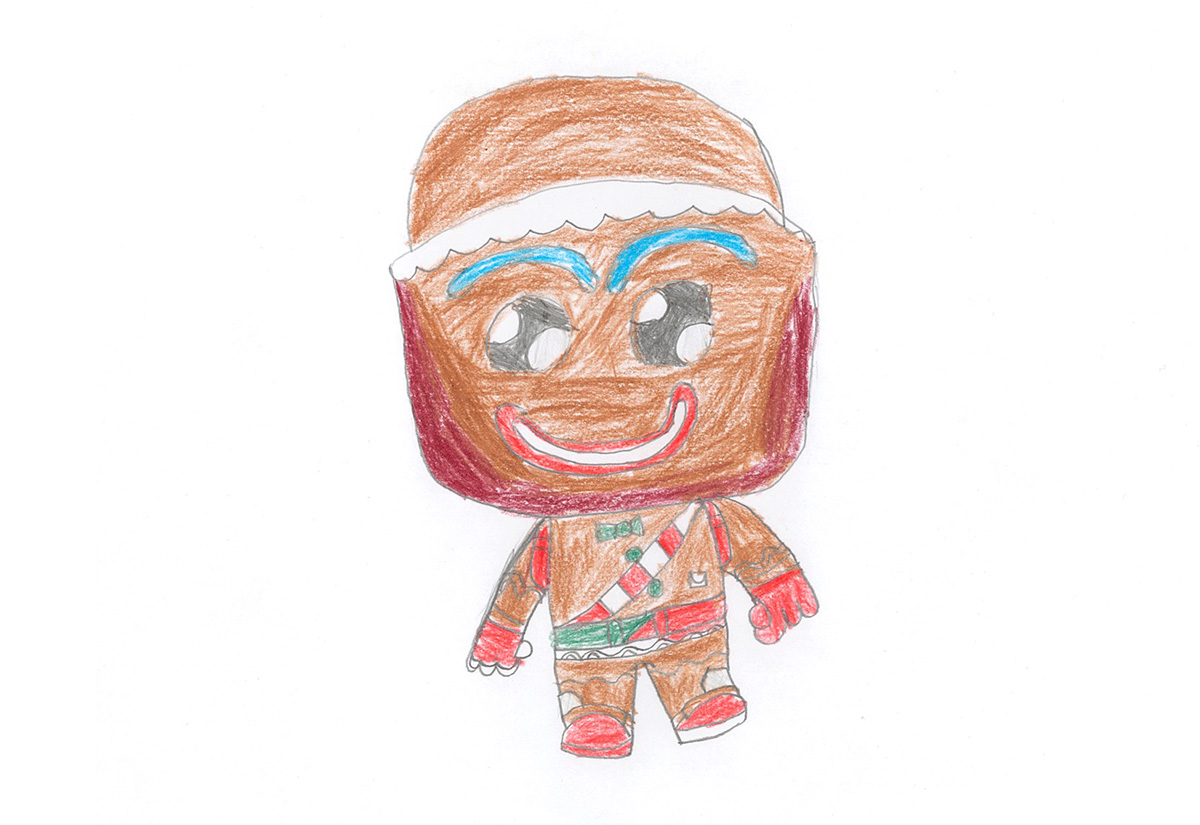 A hand drawn image of a ginger bread man cookie. The cookie has a smiling face and a brown hat. The cookie has a red and white shash, red gloves, green buttons, a green bow tie, a green and red belt and red shoes.