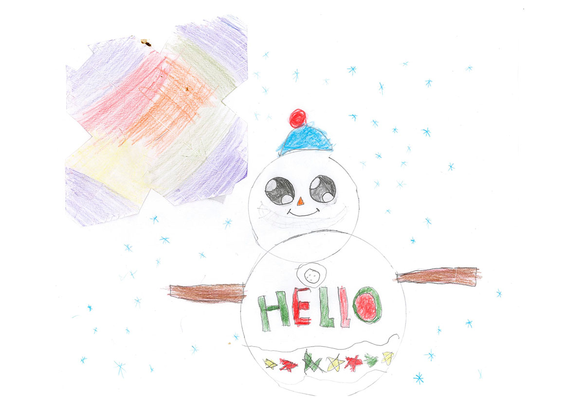 A hand drawn image of a snowman wearing a blue touqe with a red bob. There is a purple, red, orange, yellow and green x shape on the top left. It's snowing, with blue snow flakes falling. The snow man has a smiling face and the word hello written on it's belly with green and red lettering.