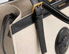 Close-up of a Versace canvas tote bag 