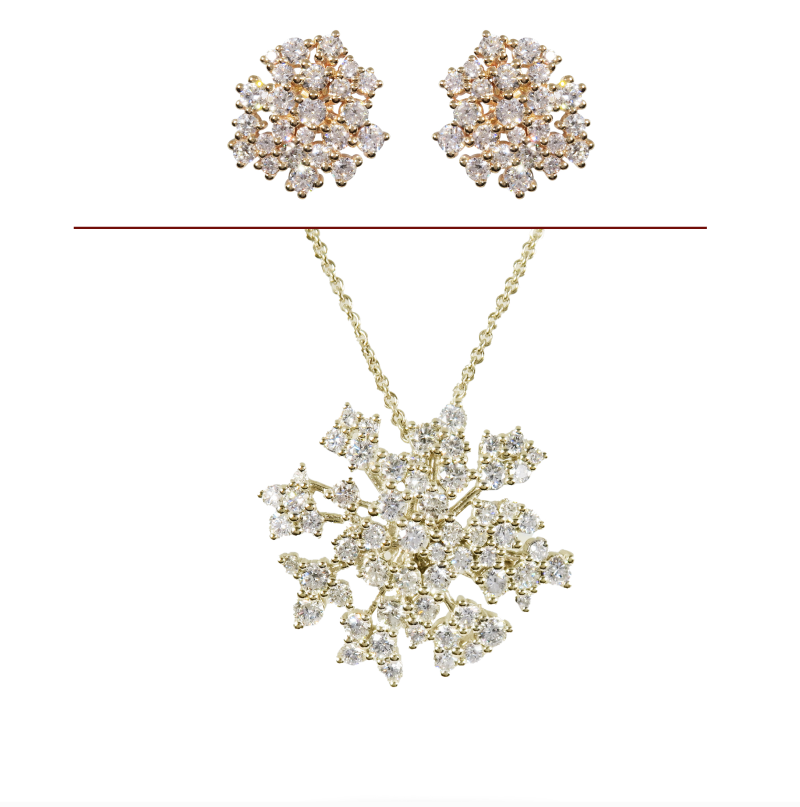  A set of lace diamond earrings, and a necklace with a large lace diamond pendant, all shaped like snowflakes.