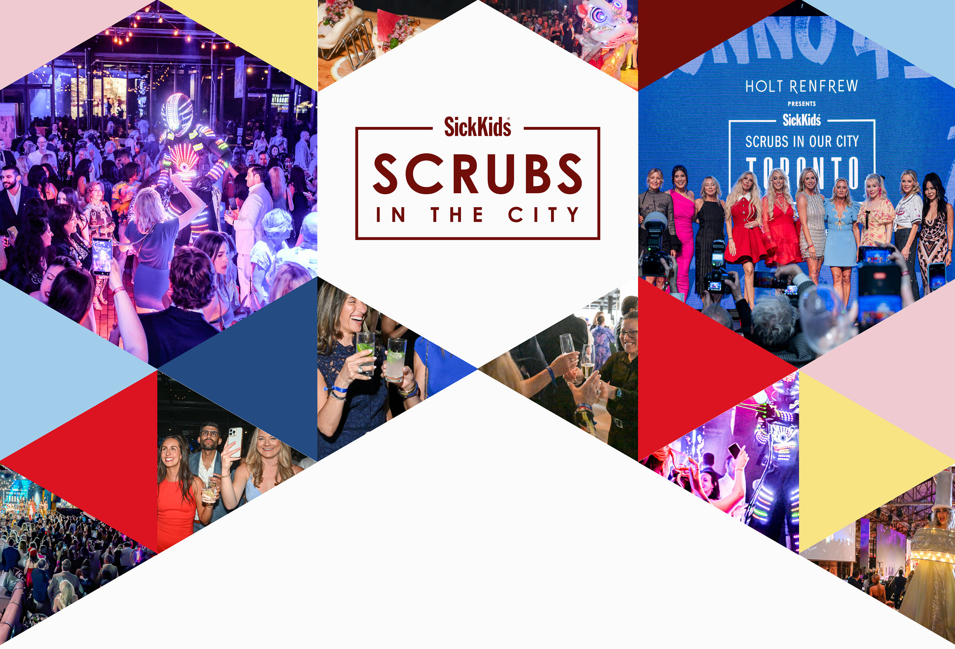 Holt Renfrew presents SickKids Scrubs in Our City Toronto, in collaboration with Mantella Corporation. A collage of images showing iconic Toronto landmarks and people dancing at past Scrubs events.