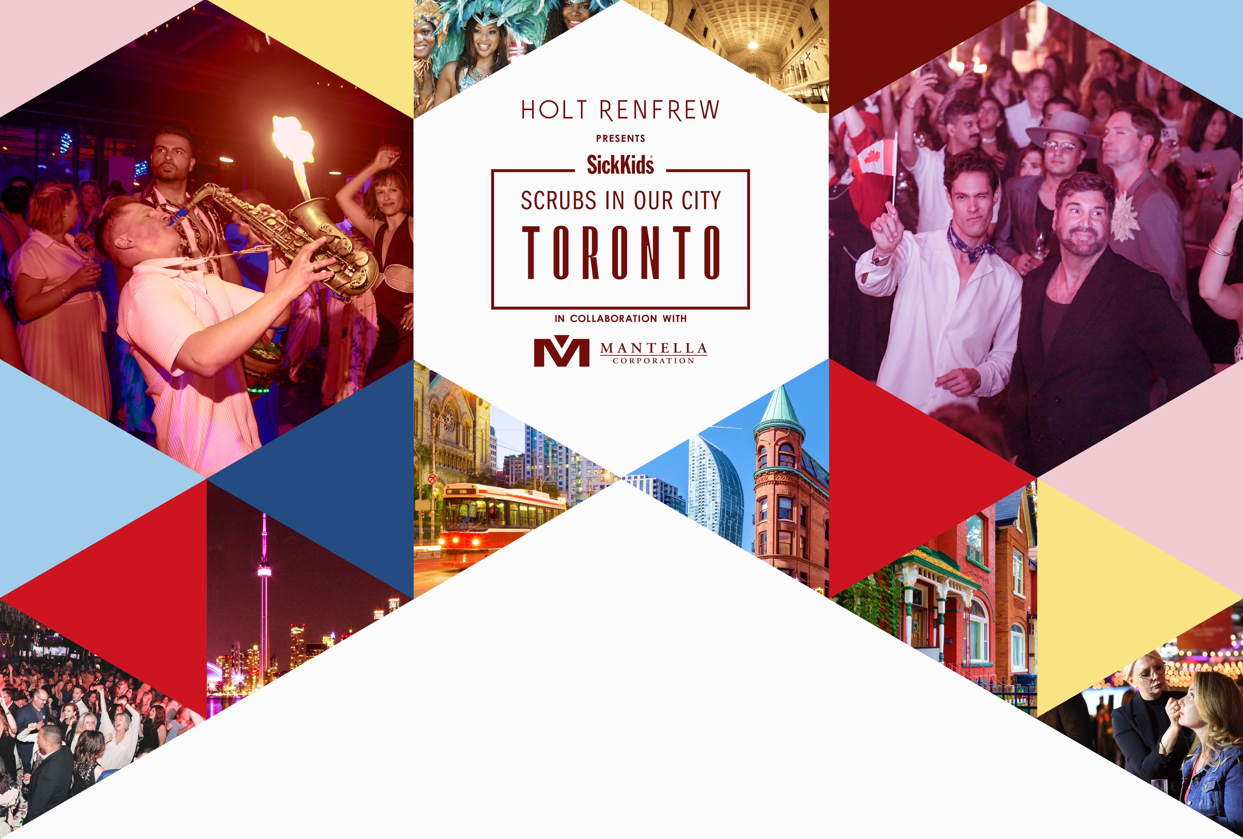 Holt Renfrew presents SickKids Scrubs in Our City Toronto, in collaboration with Mantella Corporation. A collage of images showing iconic Toronto landmarks and people dancing at past Scrubs events.