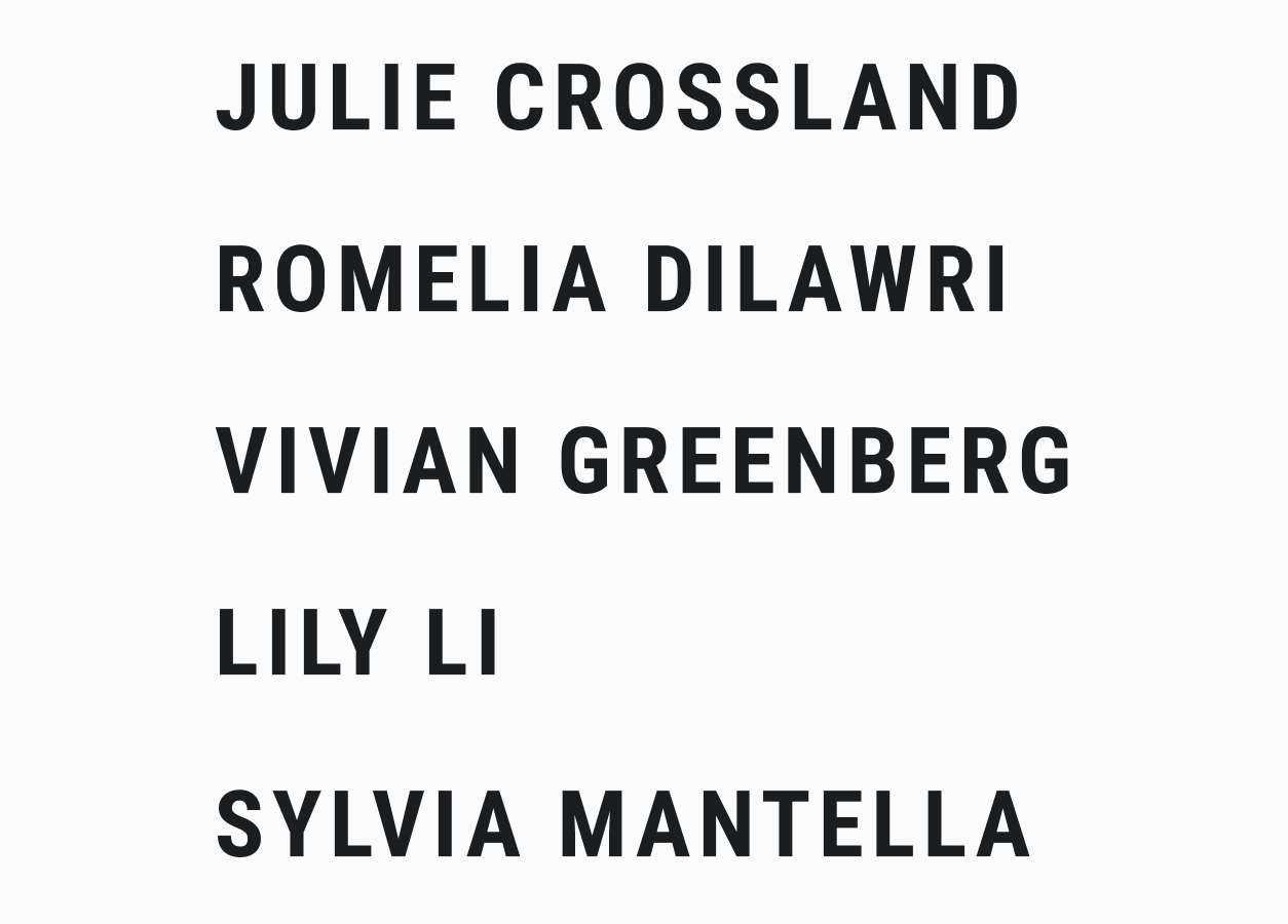 Julie Crossland, Romelia Dilawri, Vivian Greenberg, Lily Li, Sylvia Mantella