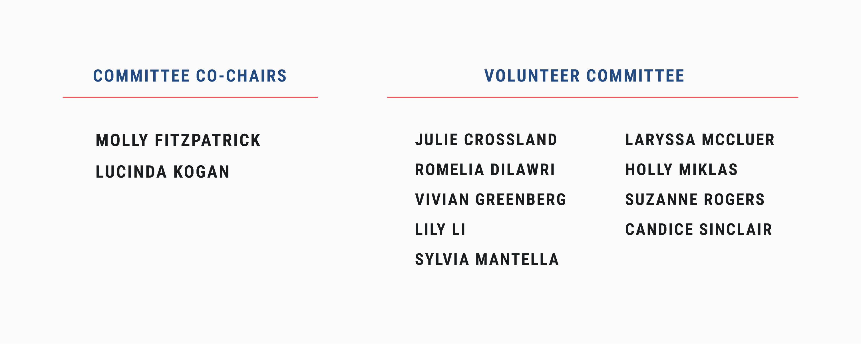 Committee Co-Chairs: Molly Fitzpatrick, Lucinda Kogan. Volunteer Committee: Julie Crossland, Romelia Dilawri, Vivian Greenberg, Lily Li, Sylvia Mantella, Laryssa McCluer, Holly Miklas, Suzanne Rogers, Candice Sinclair.